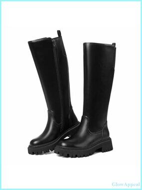 Wide Calf Knee High Riding Boots Faux Leather Low Heel Platform